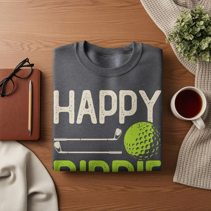 Dark gray sweatshirt with "HAPPY" and a golf ball, clubs, and "DADDIO" text.