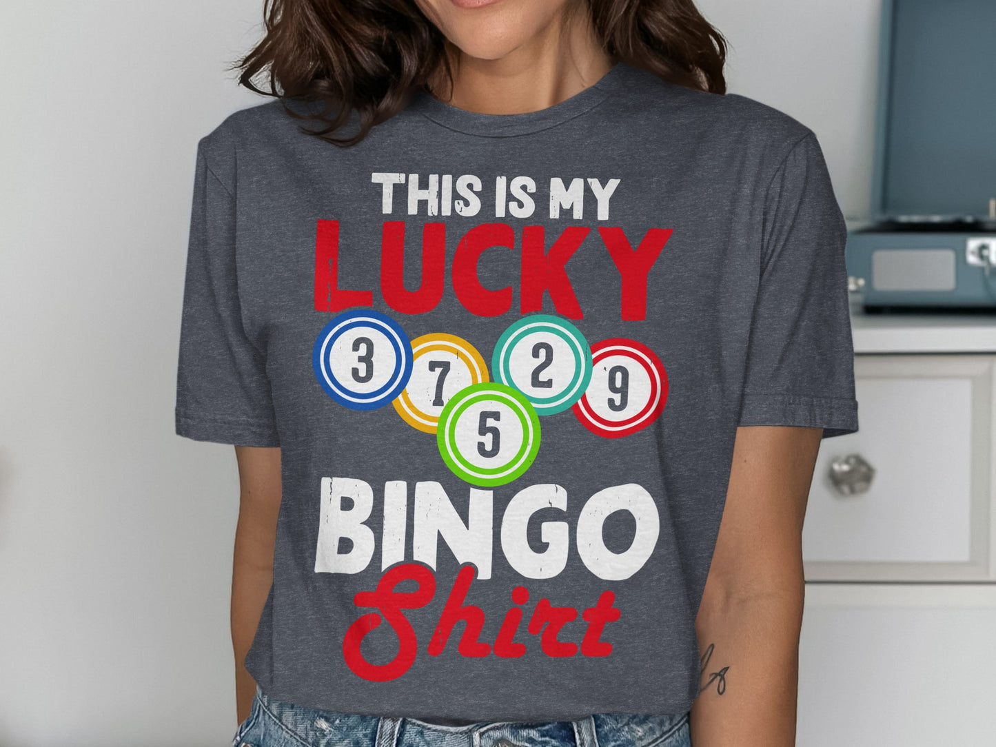 T-shirt with "THIS IS MY LUCKY BINGO Shirt" and bingo balls.