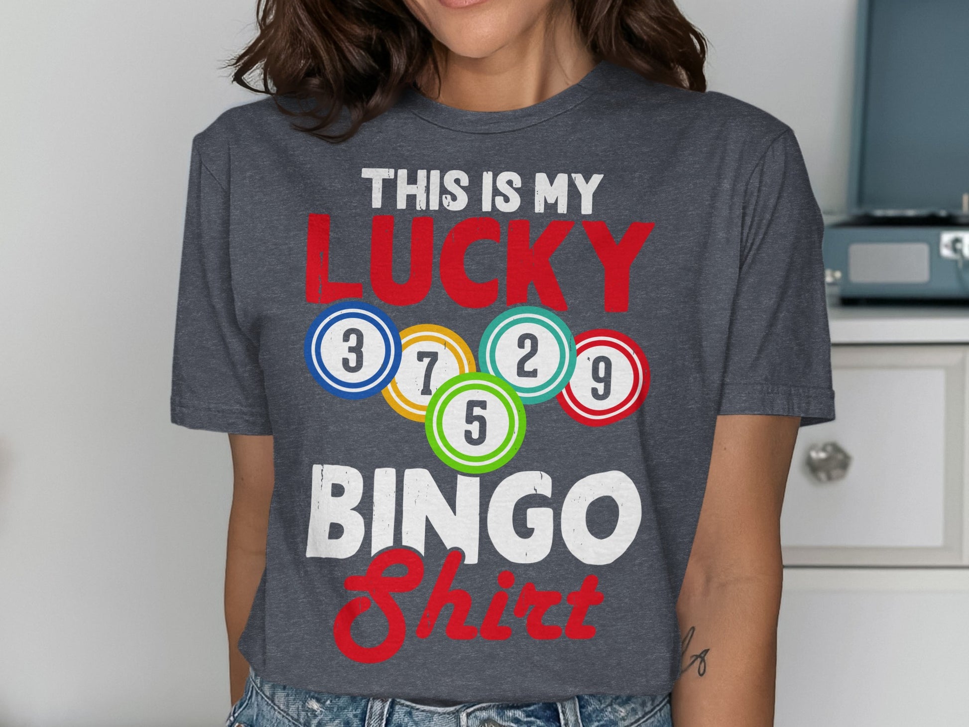 T-shirt with "THIS IS MY LUCKY BINGO Shirt" and bingo balls.