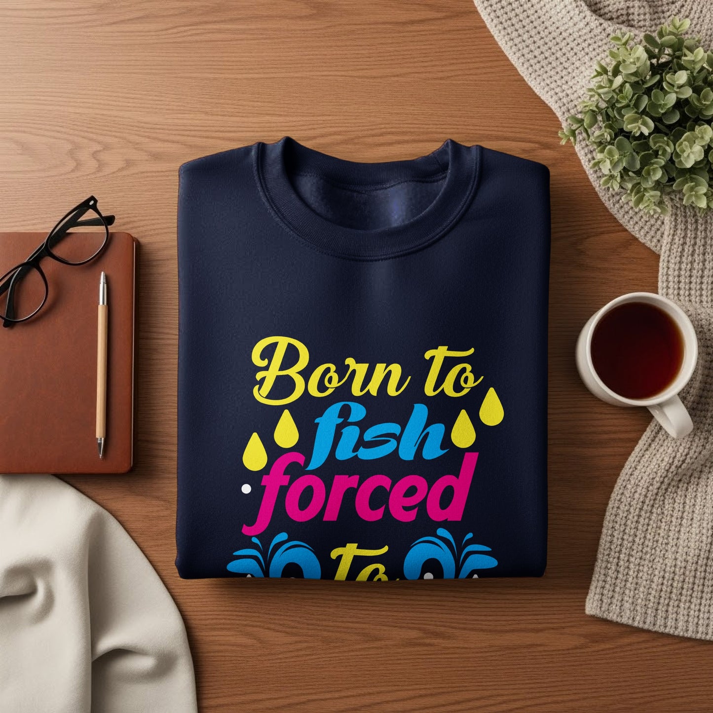 Navy sweatshirt with "Born to Fish Forced to Work" text and fish graphics.