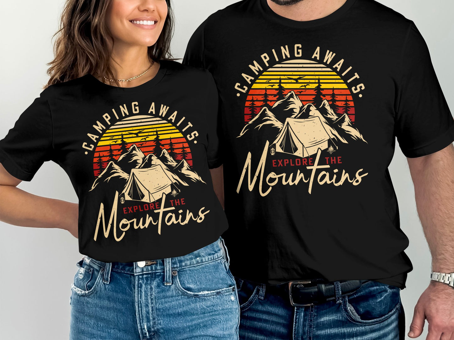 T-shirts with "Camping Awaits" and mountain graphic.