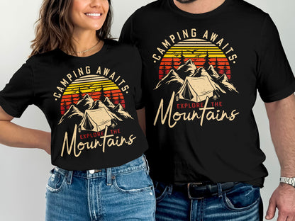 T-shirts with "Camping Awaits" and mountain graphic.