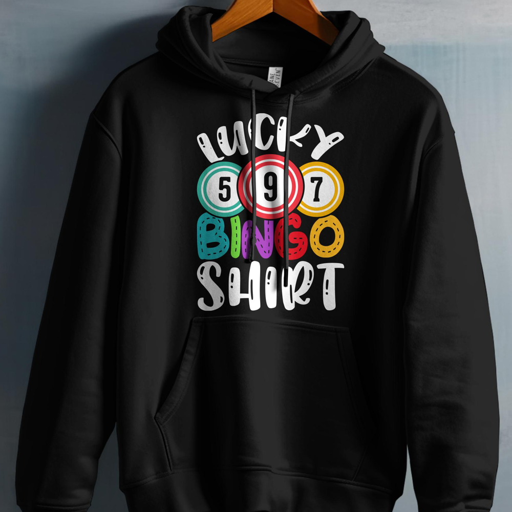 Black hoodie with "Lucky Bingo Shirt" text featuring bingo balls.
