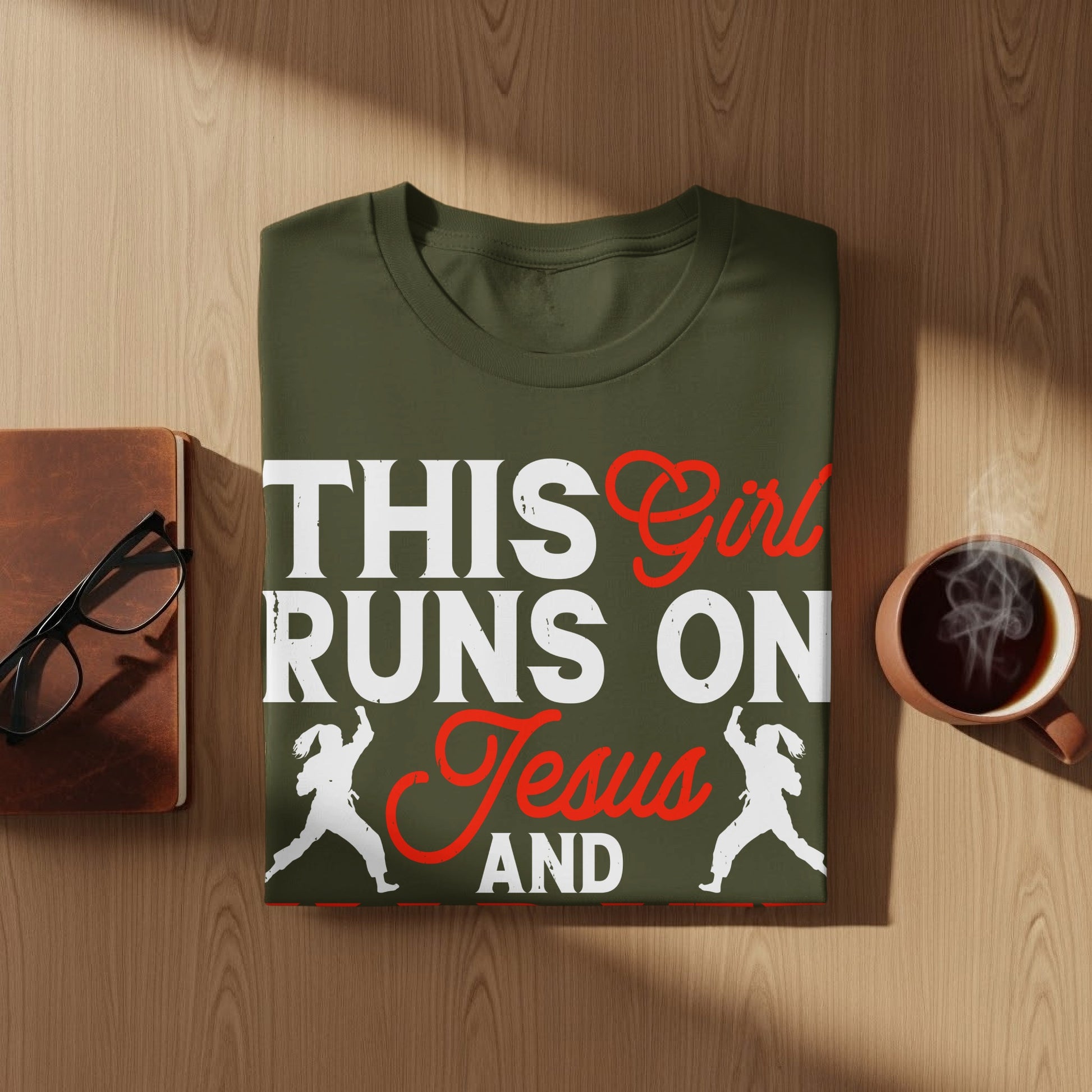 Olive green t-shirt with "THIS Girl RUNS ON Jesus AND" text and two running figures.