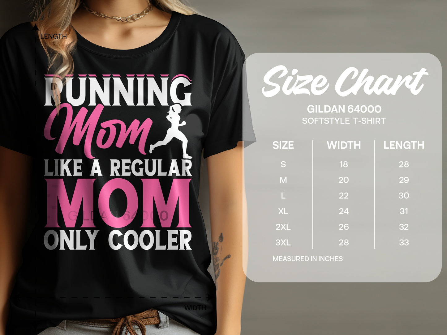 T-shirt with "Running Mom Like a Regular Mom Only Cooler" text and size chart.