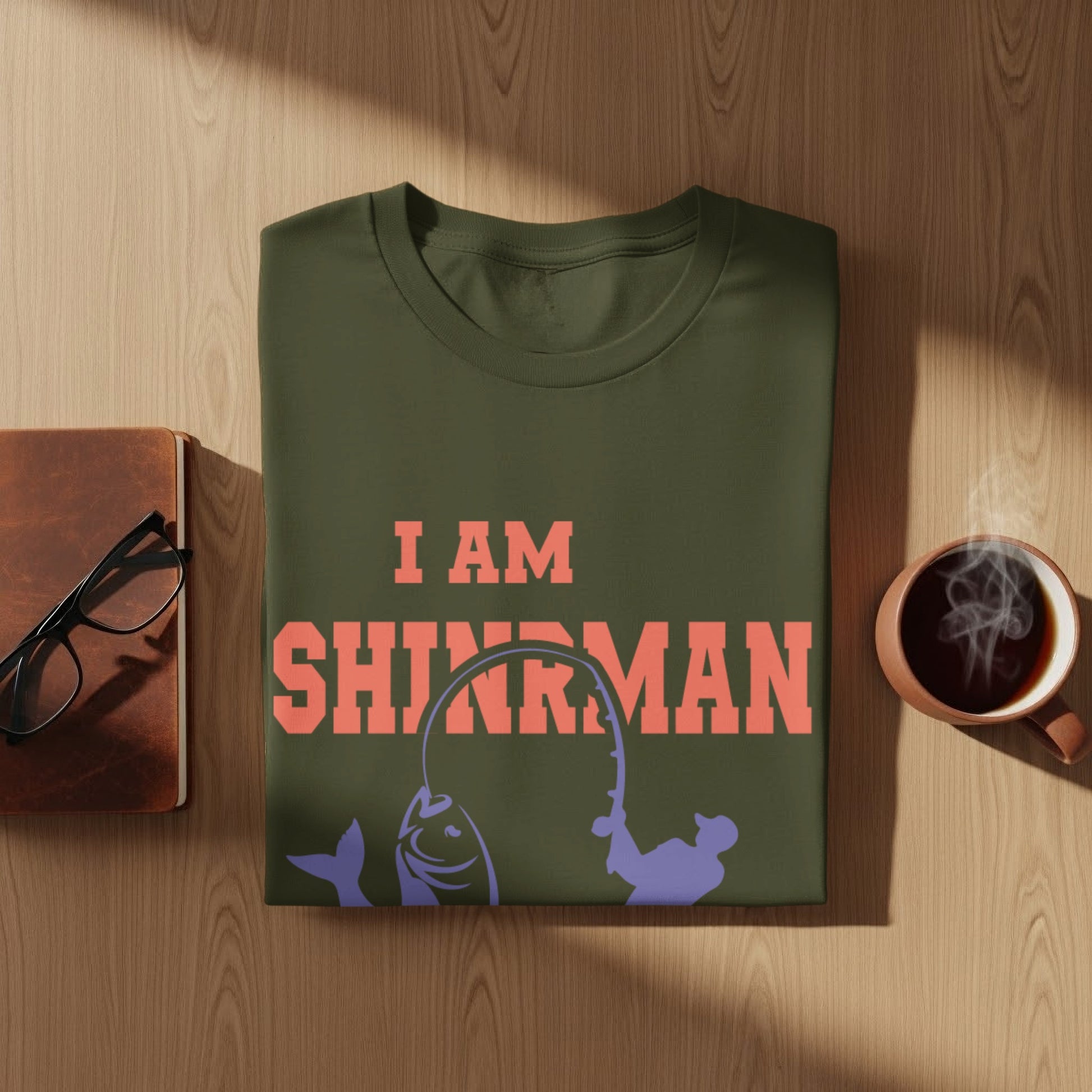 Olive t-shirt with "I am SHIRMAN" text and fishing graphics.