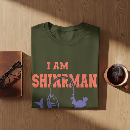 Olive t-shirt with "I am SHIRMAN" text and fishing graphics.