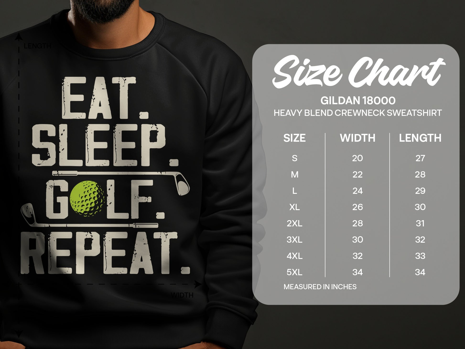 Black Gildan sweatshirt with "Eat. Sleep. Golf. Repeat." graphic and size chart.