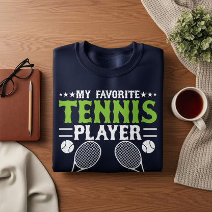Navy sweatshirt with "My Favorite Tennis Player" text and tennis rackets.