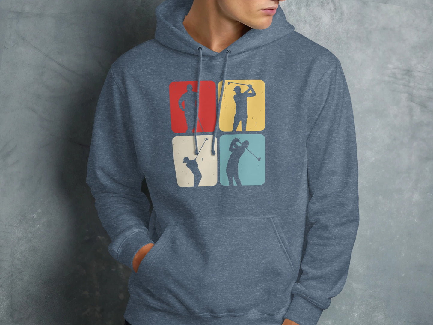 Hoodie with four vintage golf swing silhouettes in colorful panels.