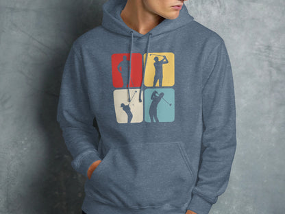 Hoodie with four vintage golf swing silhouettes in colorful panels.