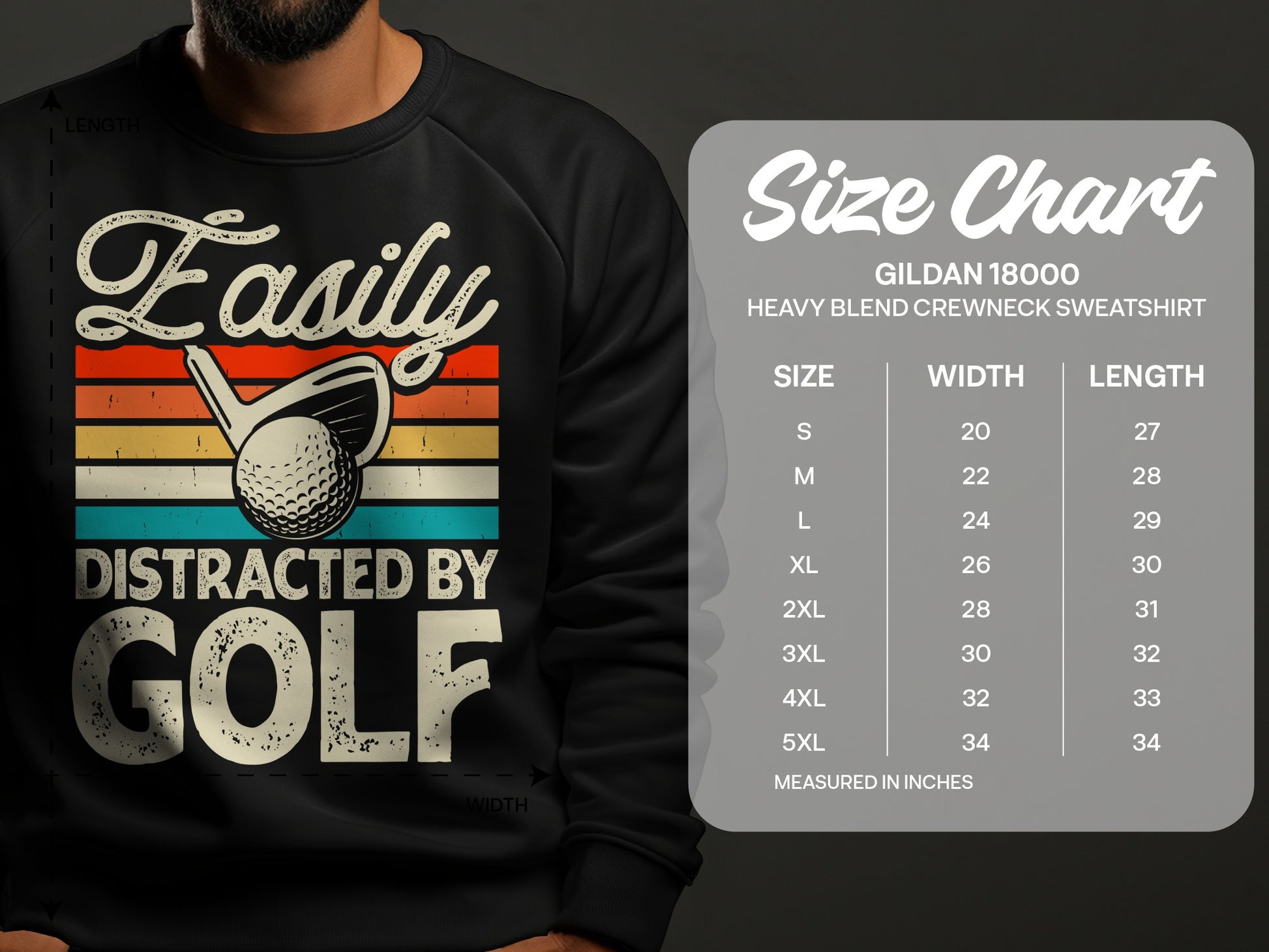 Sweatshirt featuring "Easily Distracted By Golf" text and golf club graphic; size chart included.
