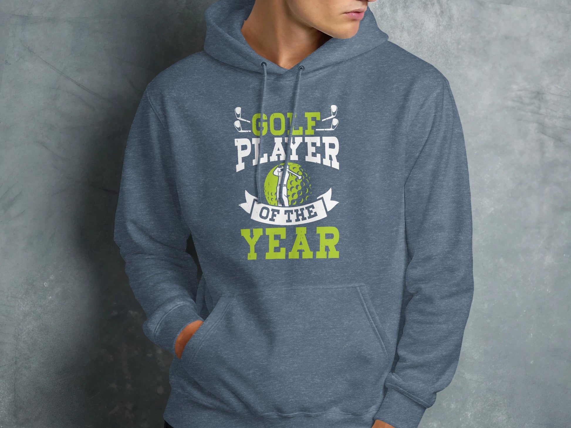 Grey hoodie with "Golf Player of the Year" text and golf ball graphic.