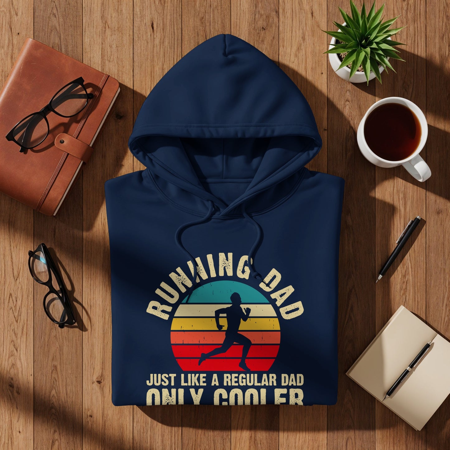 Navy hoodie with "Running Dad" and "Just like a regular dad only cooler" text.