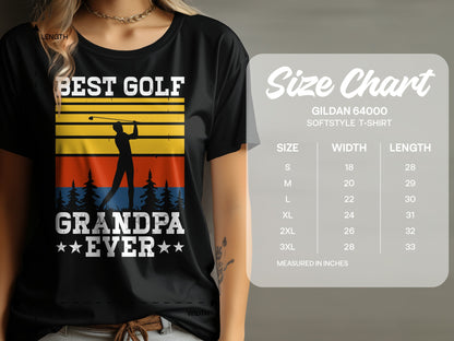T-shirt with "Best Grandpa Ever" text and golfer silhouette over sunset and trees.