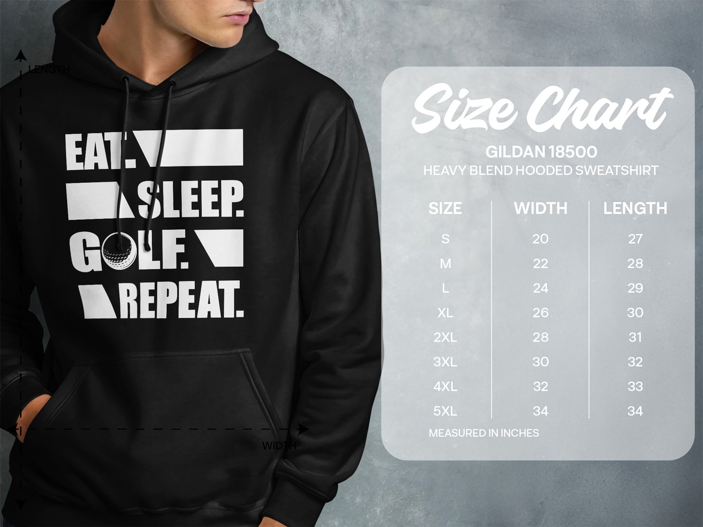Gildan 18500 sweatshirt size chart with "Eat. Sleep. Golf. Repeat." graphic.