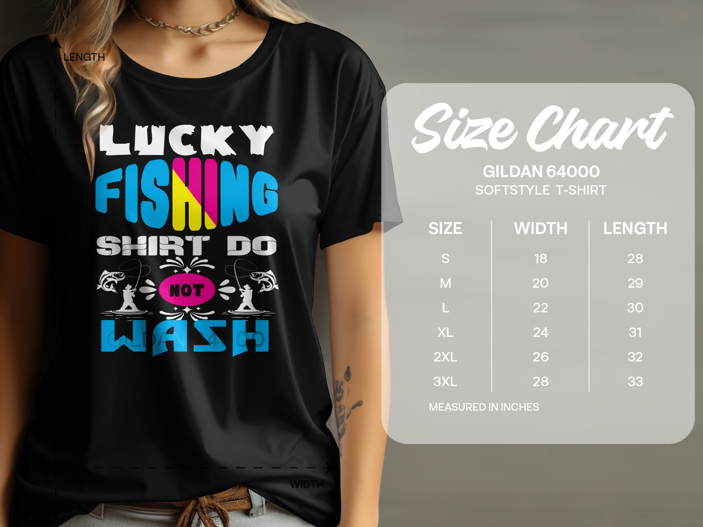 Black t-shirt with "Lucky Fishing Shirt Do Not Wash" graphic and size chart.
