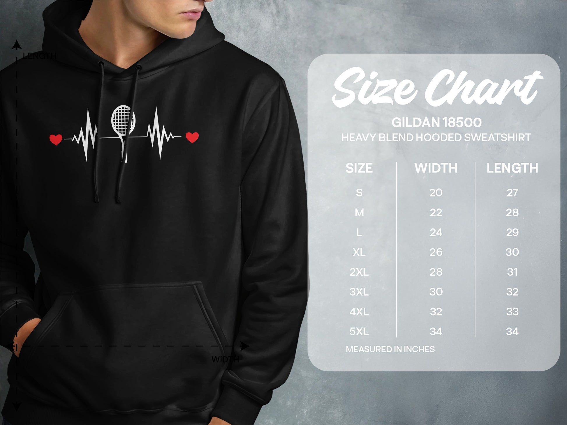 Tennis racket and heart waveform graphic on a Gildan 18500 sweatshirt size chart.