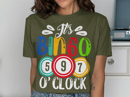 Green t-shirt with "It's Bingo O'Clock" and colorful bingo balls.