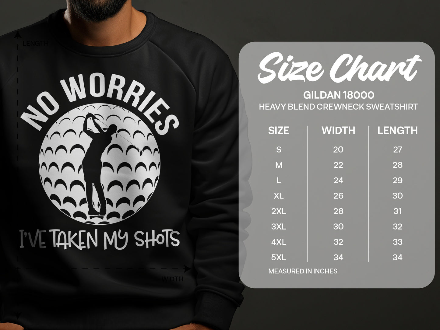 Crewneck sweatshirt with "No Worries I've Taken My Shots" and golfer graphic.