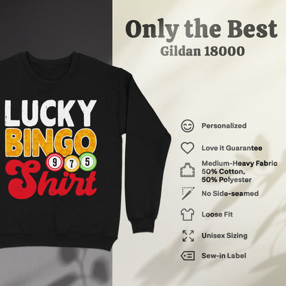 Black sweatshirt with "Lucky Bingo Shirt" text and Gildan 18000 product details.