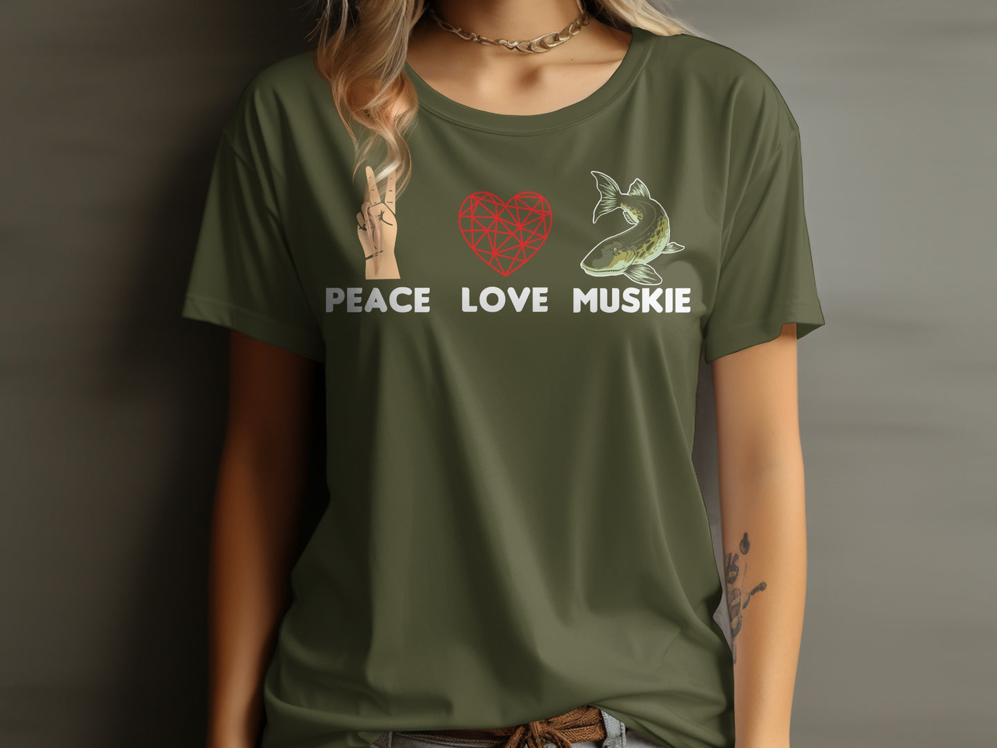 Olive green t-shirt with peace sign, heart, and muskie fish graphic, reading "Peace Muskies".