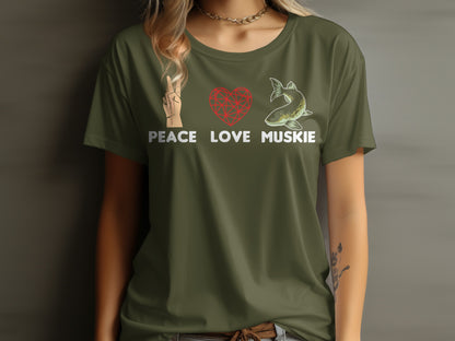 Olive green t-shirt with peace sign, heart, and muskie fish graphic, reading "Peace Muskies".