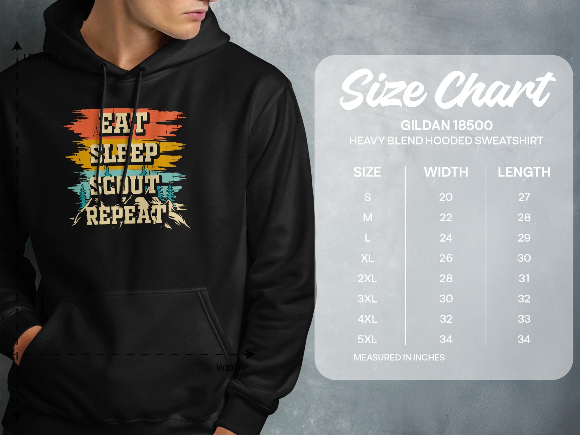 Hooded sweatshirt with "Eat Sleep Scout Repeat" graphic and size chart.