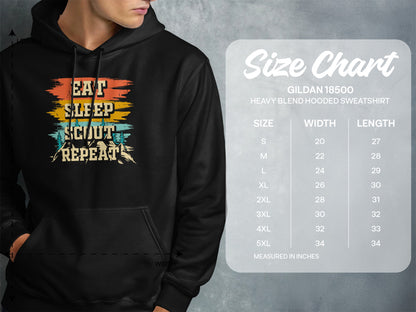 Hooded sweatshirt with "Eat Sleep Scout Repeat" graphic and size chart.
