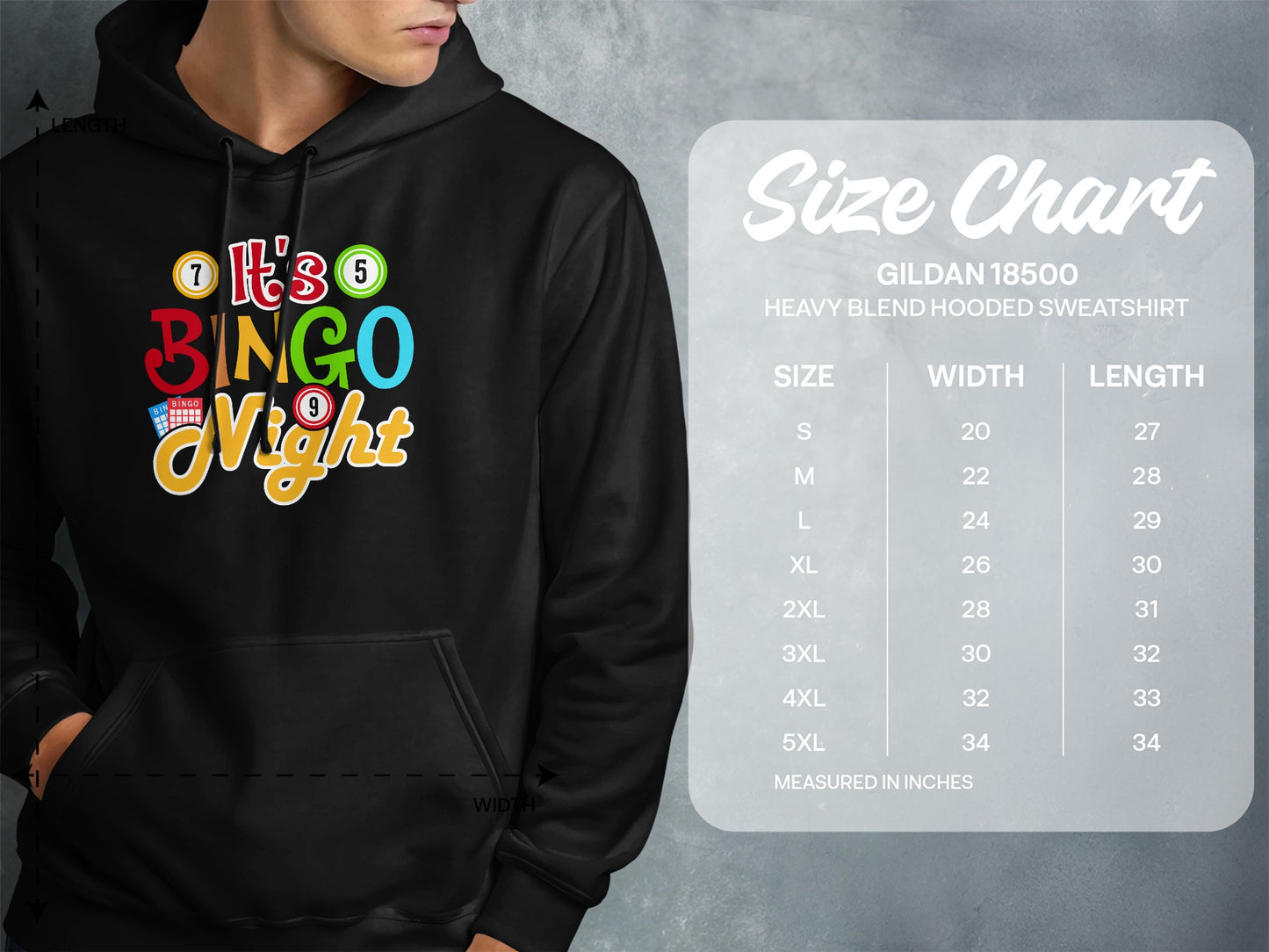 Bingo Night graphic on a black hooded sweatshirt with a size chart.
