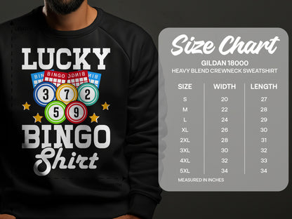 Black sweatshirt with "Lucky Bingo Shirt" graphic and size chart.