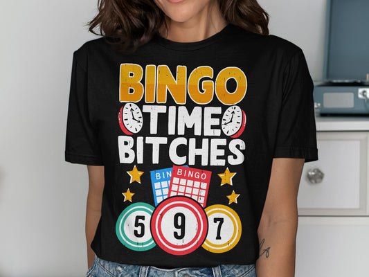 Black t-shirt with "BINGO TIME BITCHES" and bingo cards.