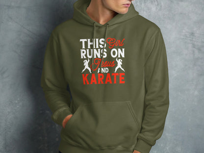 Olive green hoodie with "This Girl Runs on Jesus and Karate" text.