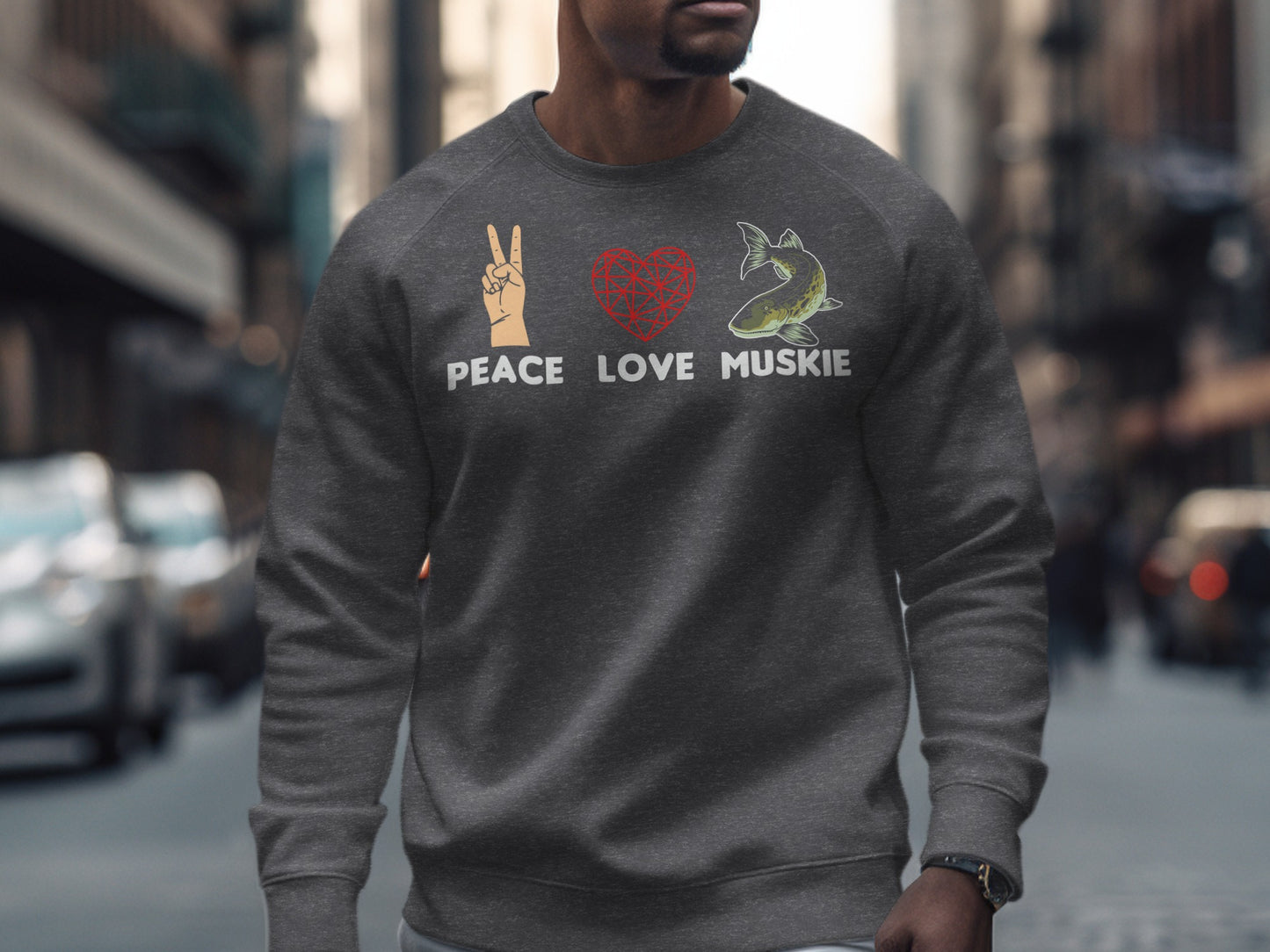 Gray sweatshirt with "Peace Love Muskie" text and graphic symbols.