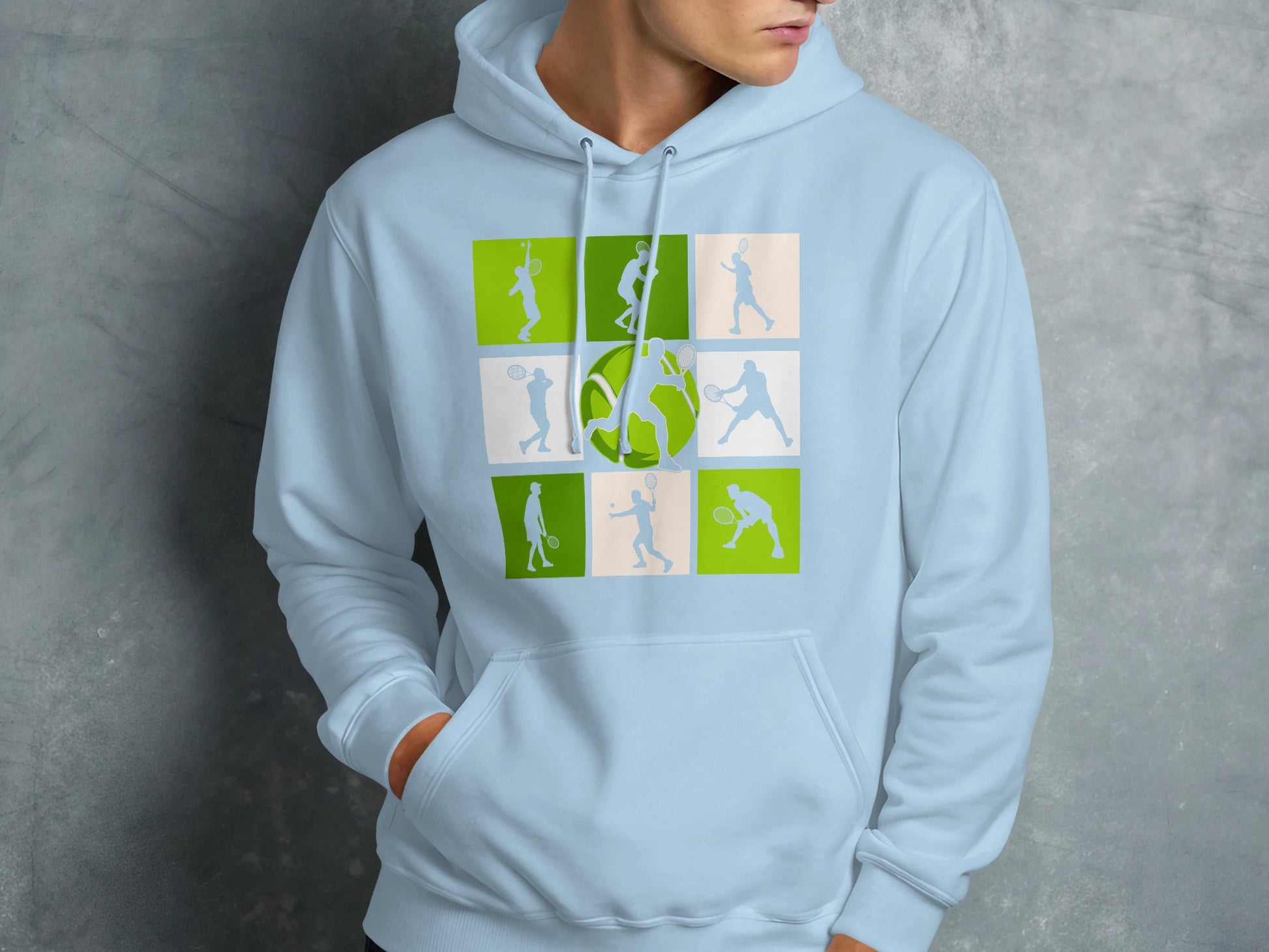 Light blue hoodie featuring a nine-panel graphic of tennis players in action.