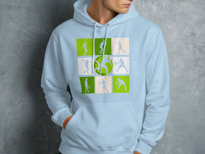 Light blue hoodie featuring a nine-panel graphic of tennis players in action.