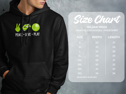 Hoodie mockup with "Peace Love Play" graphic and Gildan 18500 size chart.