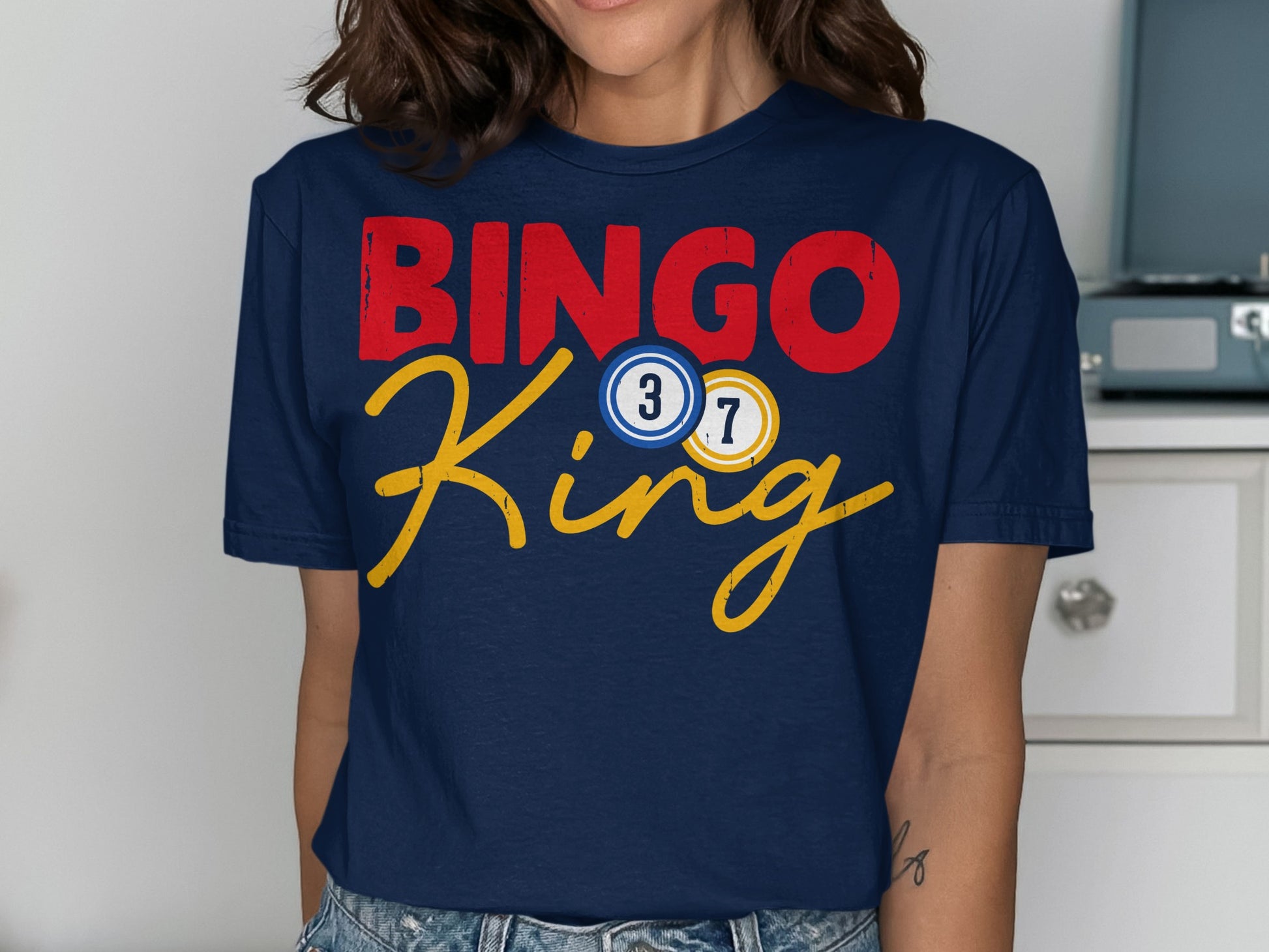 Dark blue t-shirt with "BINGO King" text and Bingo balls.