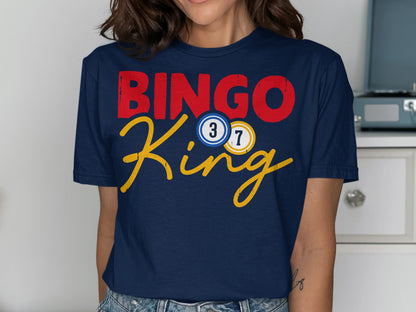 Dark blue t-shirt with "BINGO King" text and Bingo balls.