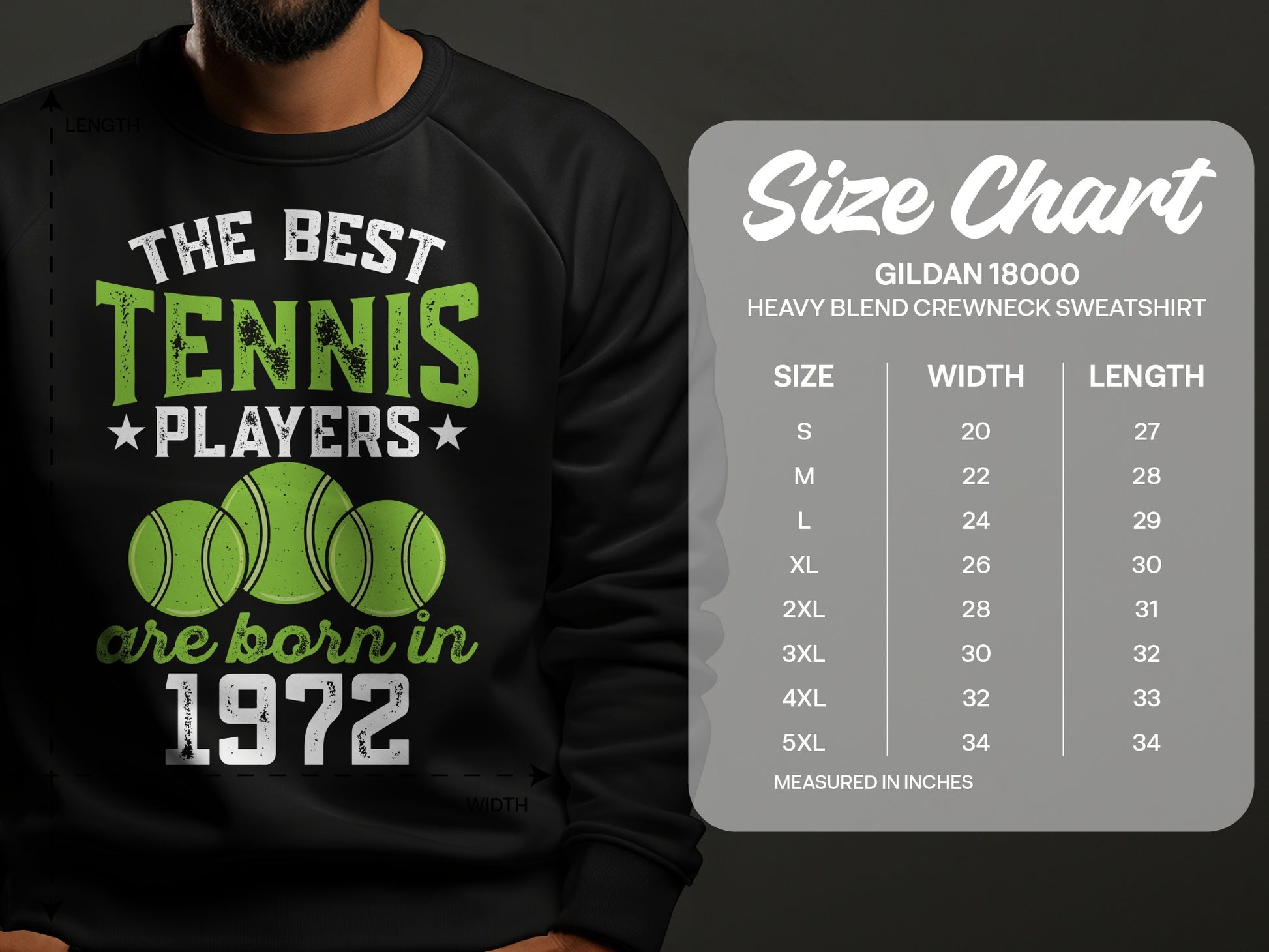 Black sweatshirt with "The Best Tennis Players are born in 1972" text and a size chart.
