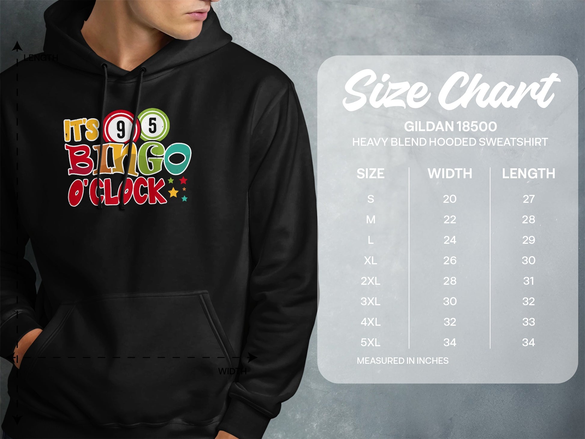 Black hoodie with "It's Bingo O'Clock" graphic and size chart.