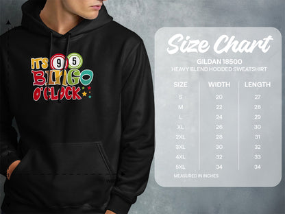 Black hoodie with "It's Bingo O'Clock" graphic and size chart.