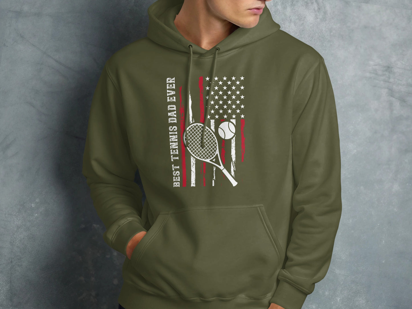 Green hoodie with American flag, tennis racket, and ball design.