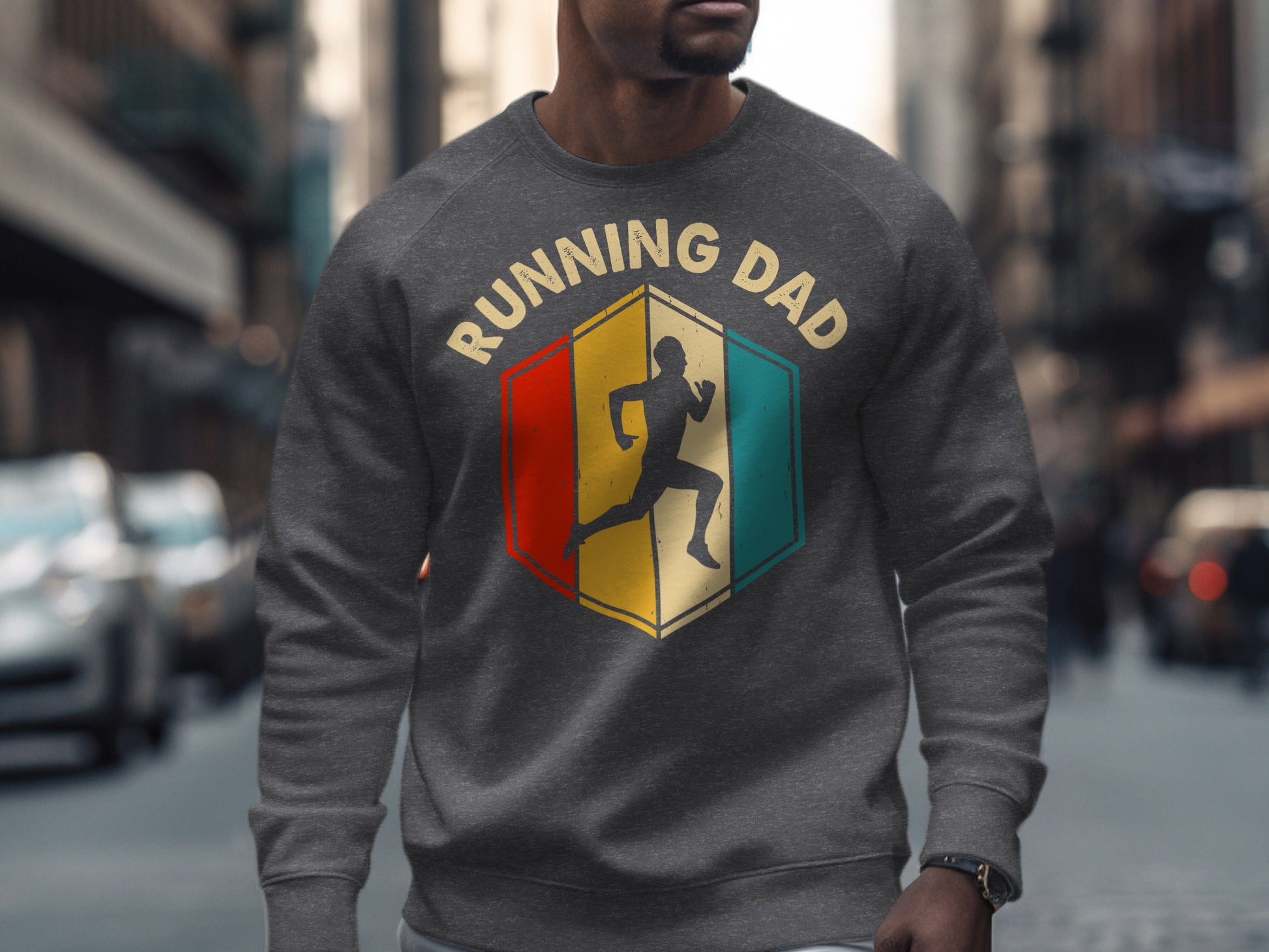 Gray sweatshirt with "Running Dad" hexagon logo featuring a silhouette of a runner.