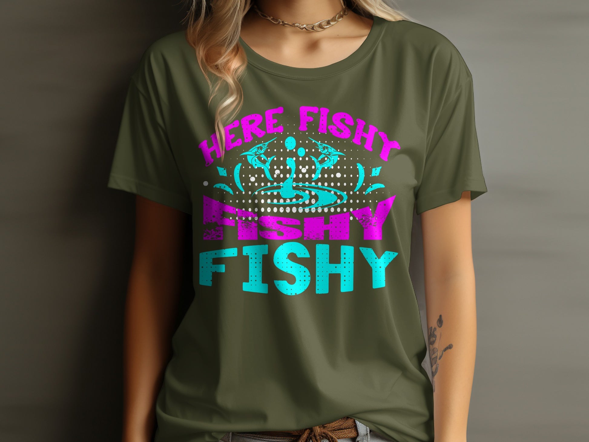 Olive green t-shirt with "HERE FISHY FISHY" text and abstract graphics.
