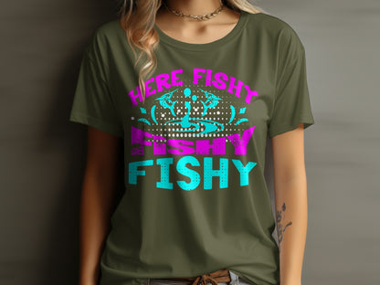 Olive green t-shirt with "HERE FISHY FISHY" text and abstract graphics.