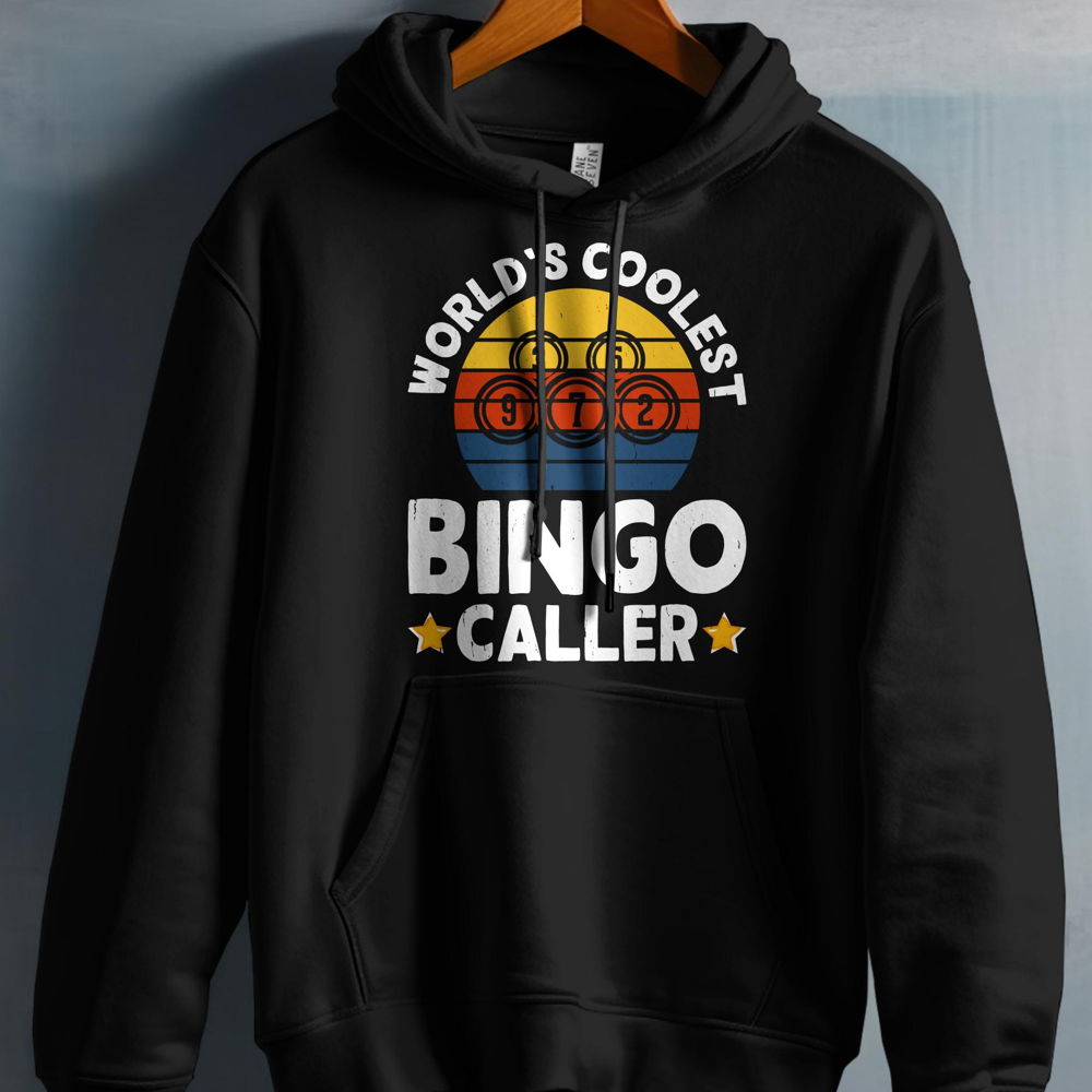Black hoodie with "World's Coolest Bingo Caller" text and bingo balls.