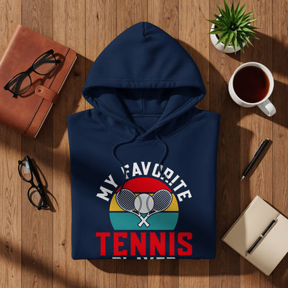 Navy hoodie with "My Favorite Player" and tennis graphic.