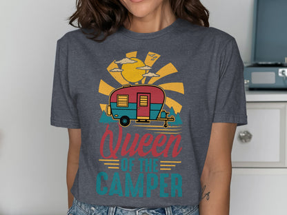 Queen of the Camper graphic tee with sun and caravan illustration.