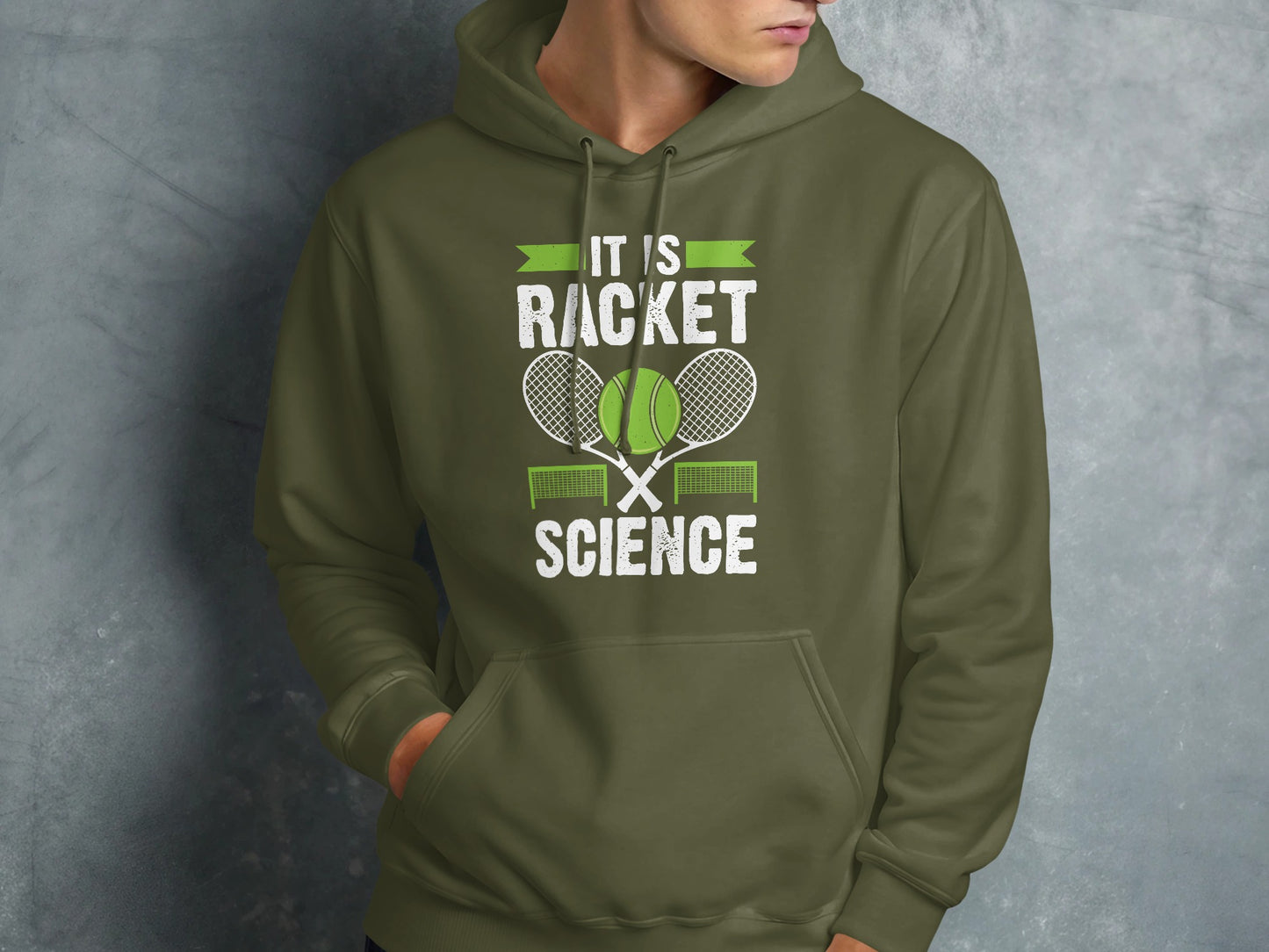 Green hoodie with "It is Racket Science" and tennis graphics.